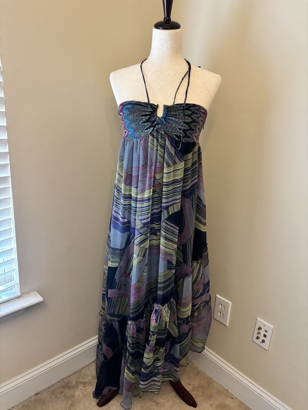 TRF asymmetrical Boho Tropical Colorful Ruffled Dress Fairy Tie Size Small